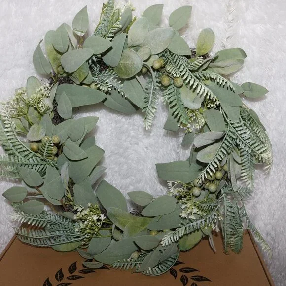 Artificial Eucalyptus wreath 14 inches wide new open box W/LED bluetooth lights - Picture 7 of 7